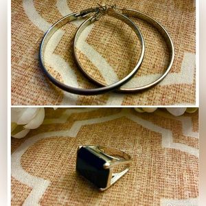 2 pc Set Large Black Hoops with Ring